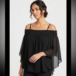 Parker Silk Off-Shoulder Smocked Peasant Blouse in Black